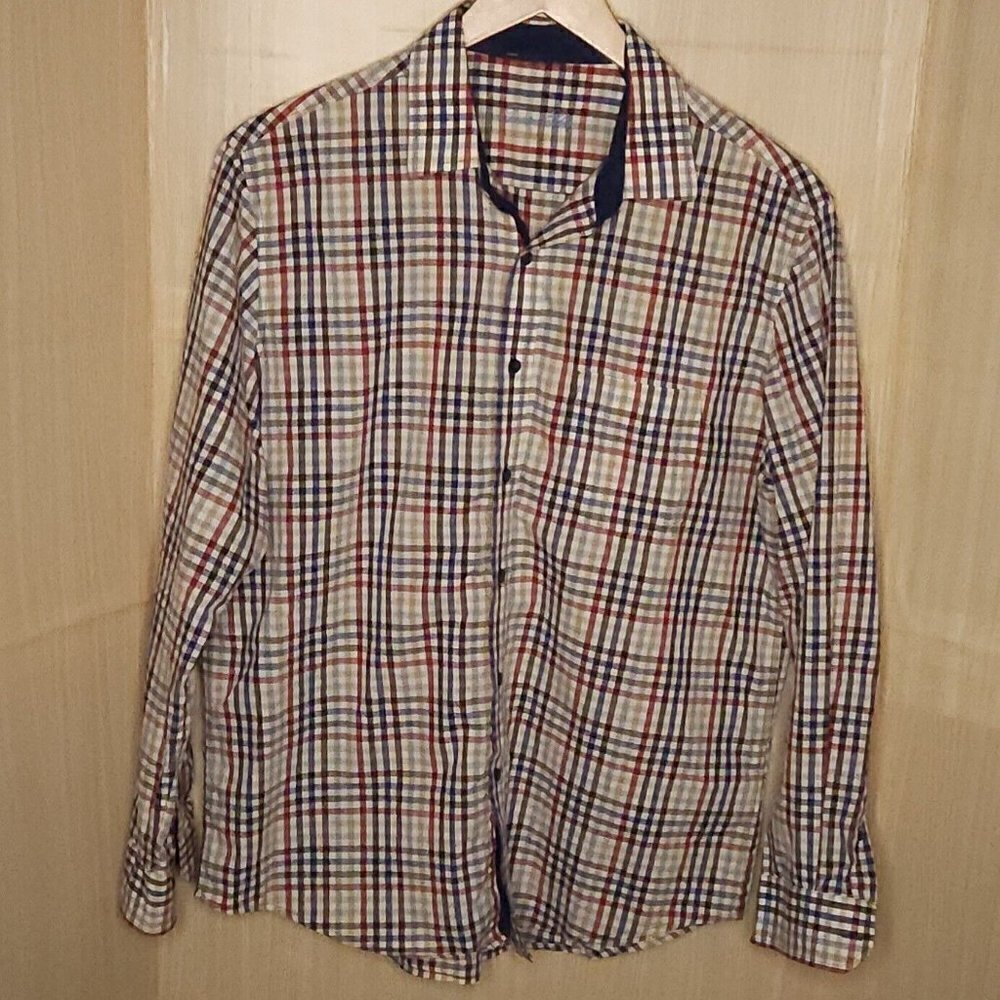 Tasso Elba Mens Rust Tan Green Plaid Button Down Shirt Large